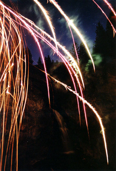 Waterfall and fireworks